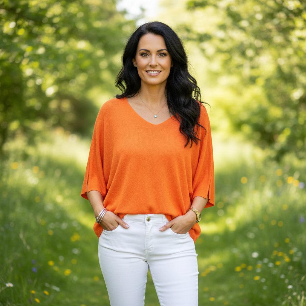 Fiona Fine Knit Orange 3/4 Sleeve Jumper - Sugarplum Boutique