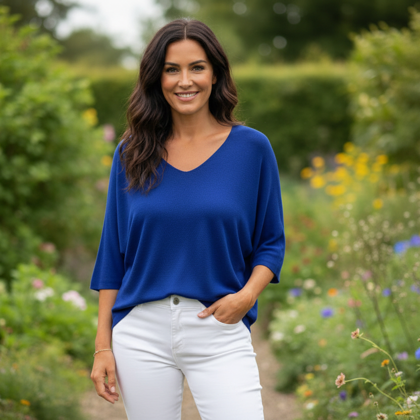 Fiona Fine Knit Royal Blue 3/4 Sleeve Jumper - Sugarplum Boutique