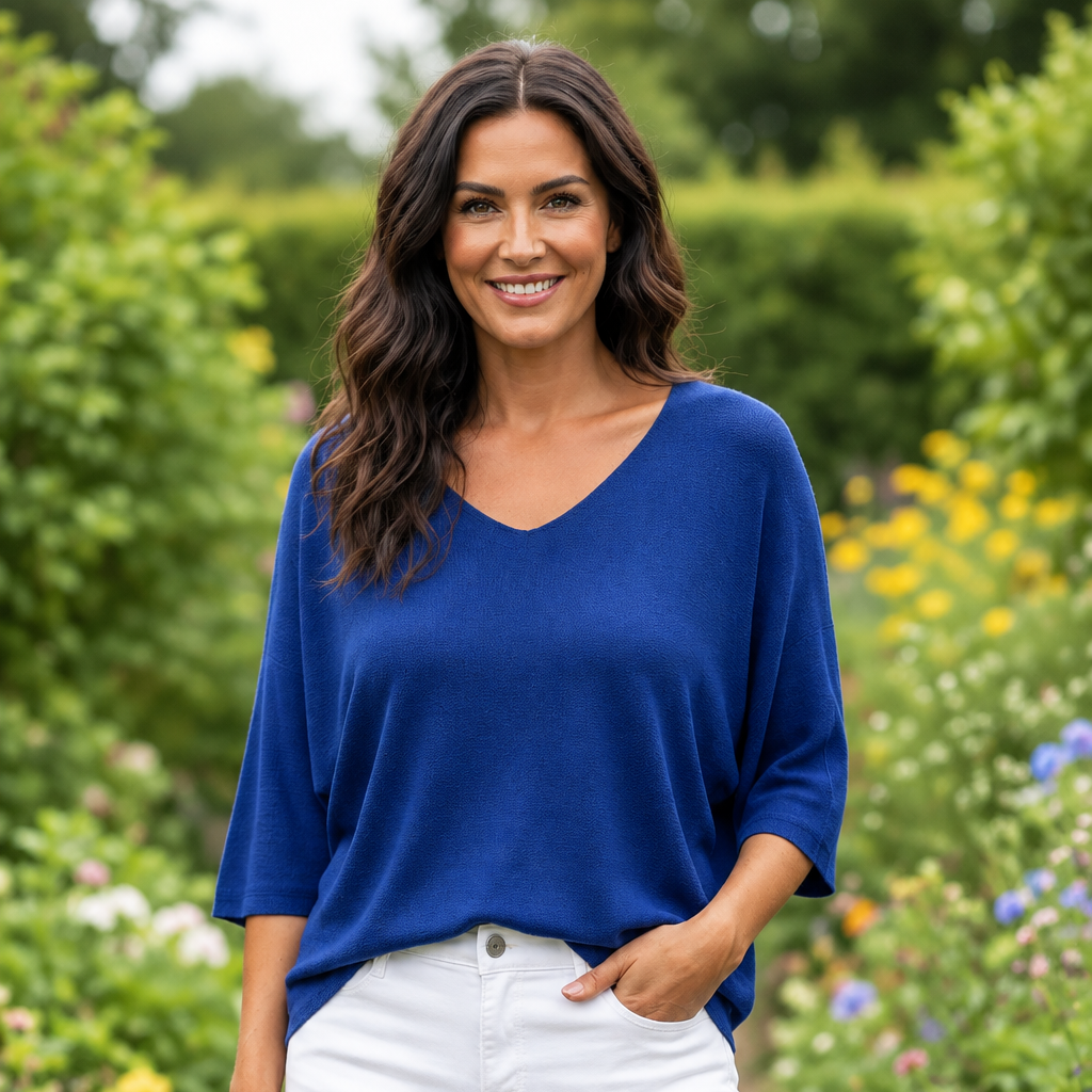 Fiona Fine Knit Royal Blue V Neck Jumper - Sugarplum Boutique