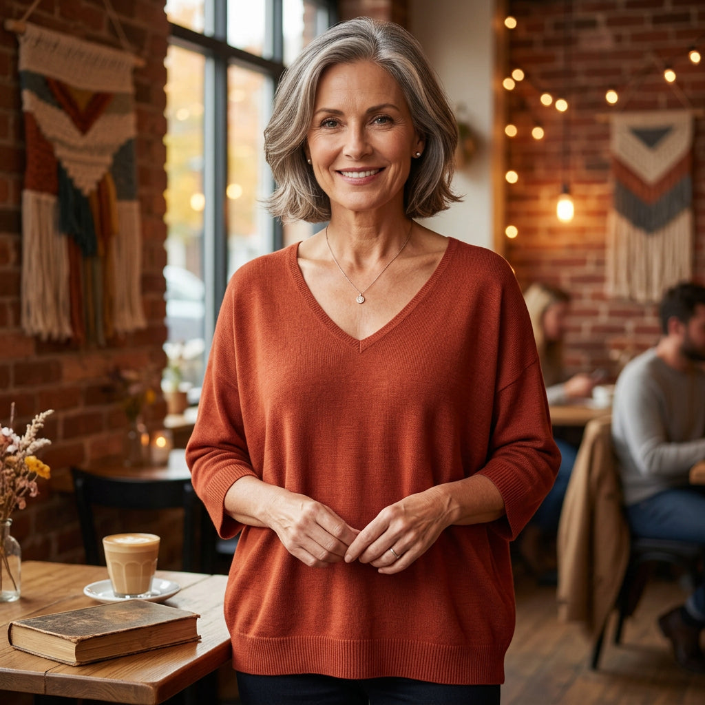 Fiona Fine Knit Rust Brown V Neck Jumper - Sugarplum Boutique