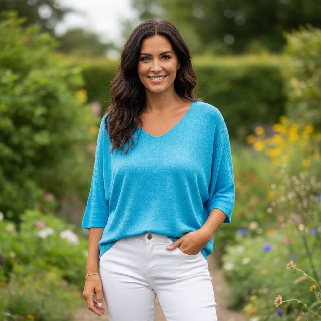 Fiona Fine Knit Turquoise Blue 3/4 Sleeve Jumper - Sugarplum Boutique