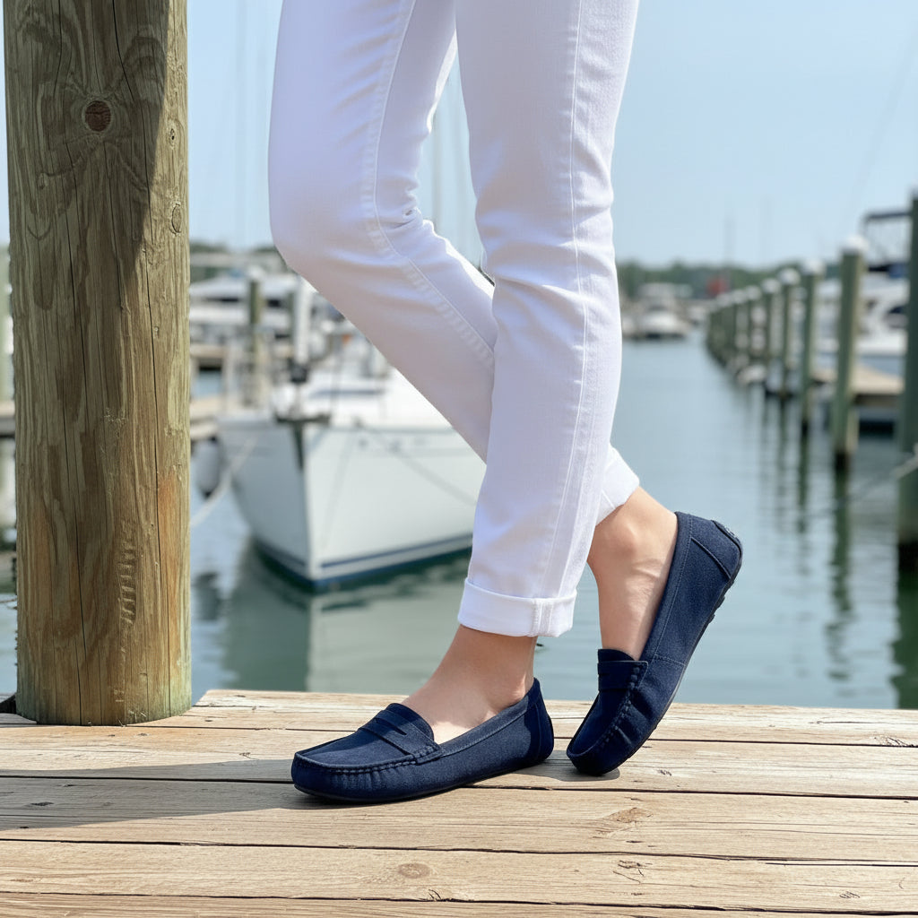 Flat Moccasin Faux Suede Cushioned Lightweight Loafer Shoe Navy Blue - Sugarplum Boutique