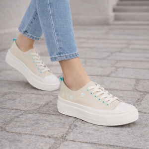 Fleur Beige Canvas Flower Print Trainers - Sugarplum Boutique