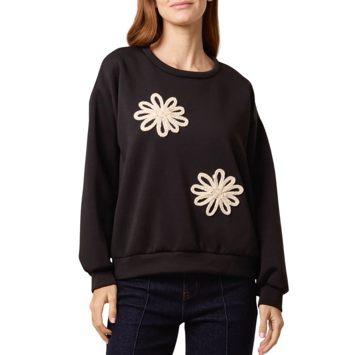 Flick Black Embroidered Flower Soft Touch Sweatshirt - Sugarplum Boutique