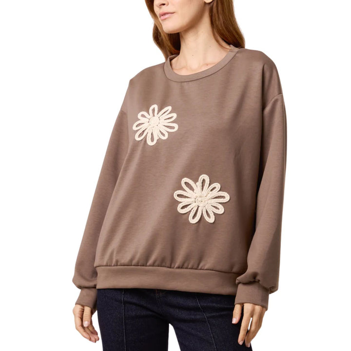 Flick Mocha Brown Embroidered Flower Soft Touch Sweatshirt - Sugarplum Boutique
