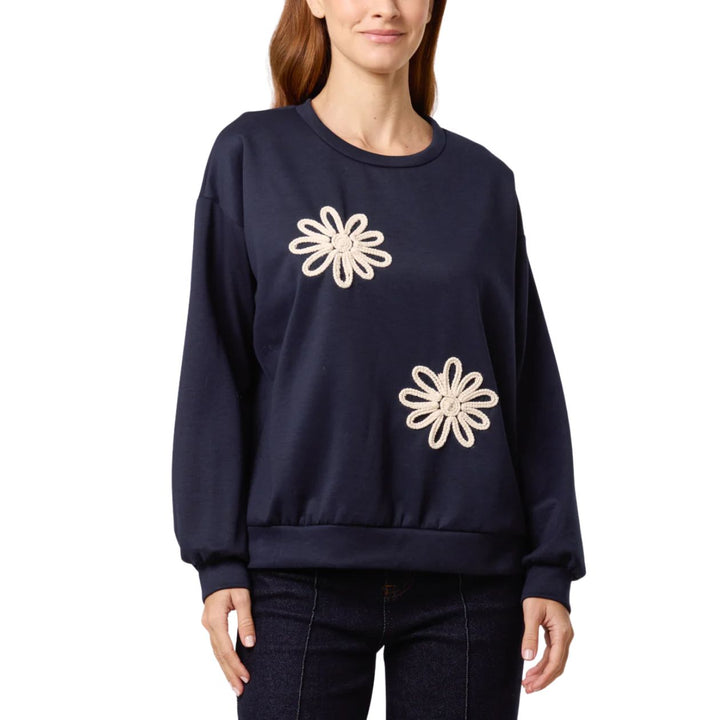 Flick Navy Blue Embroidered Flower Soft Touch Sweatshirt - Sugarplum Boutique