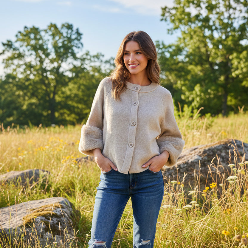 Florentine Faux Fur Sleeve Stone Jacket - Sugarplum Boutique