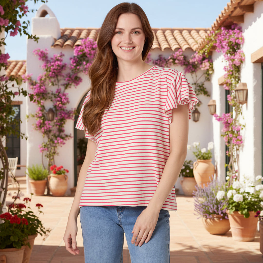 Flutter Sleeve Cerise Pink Cotton Striped T-Shirt - Sugarplum Boutique