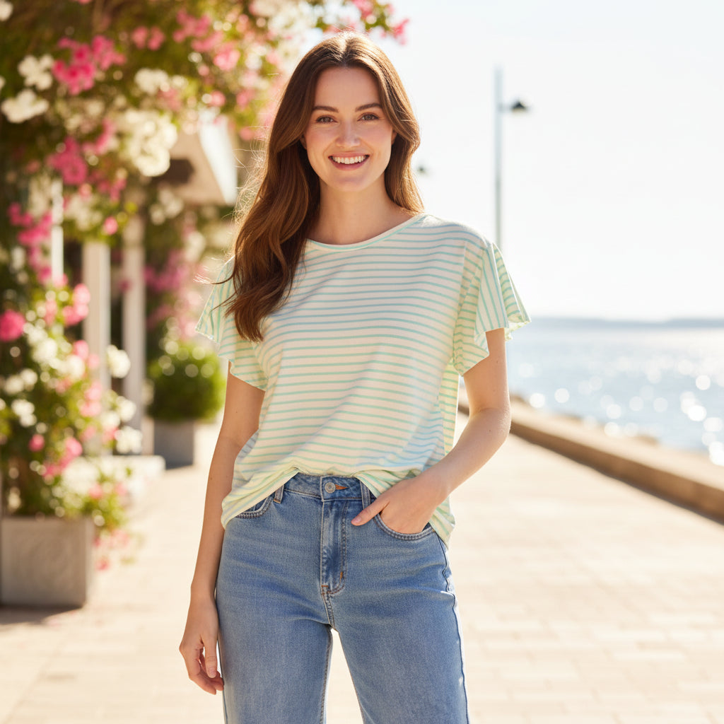 Flutter Sleeve Mint Green Cotton Striped T-Shirt - Sugarplum Boutique