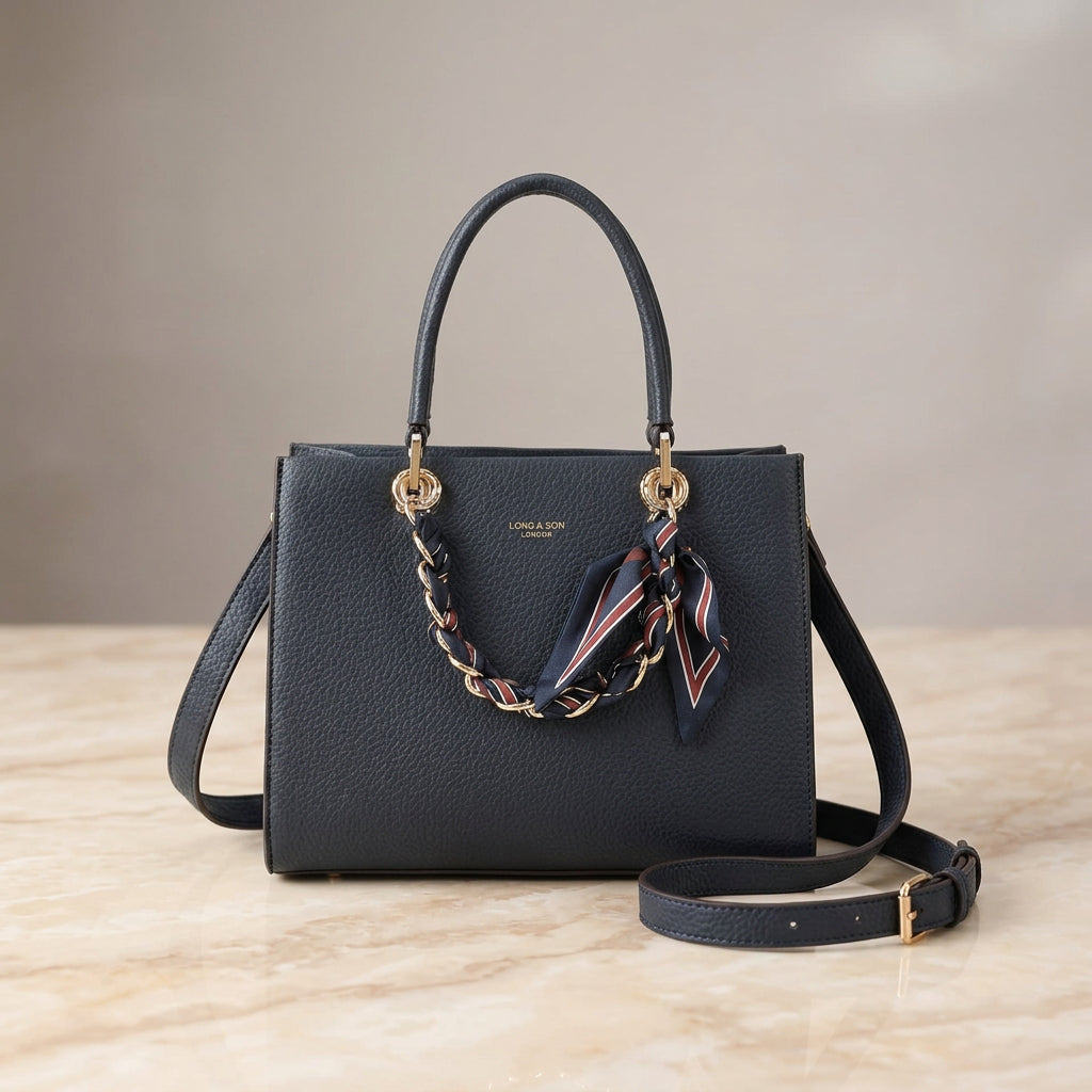 Francesca Faux Leather Navy Blue Scarf Handbag- Sugarplum Boutique
