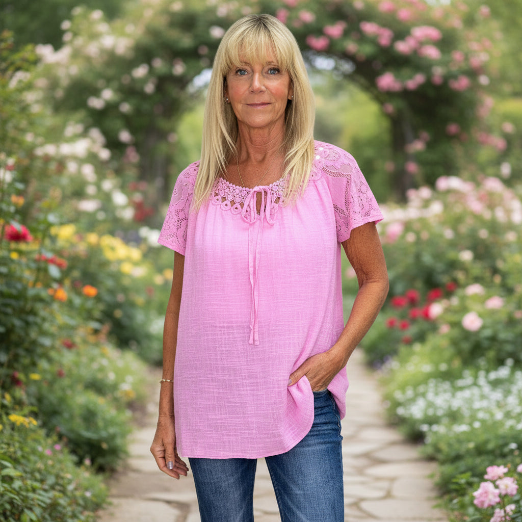 Frankie Bubblegum Pink Cotton Crochet Neck Lace Sleeve Tie Top - Sugarplum Boutique