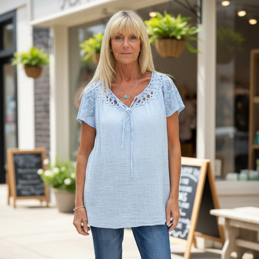 Frankie Light Blue Cotton Crochet Neck Lace Sleeve Tie Top - Sugarplum Boutique