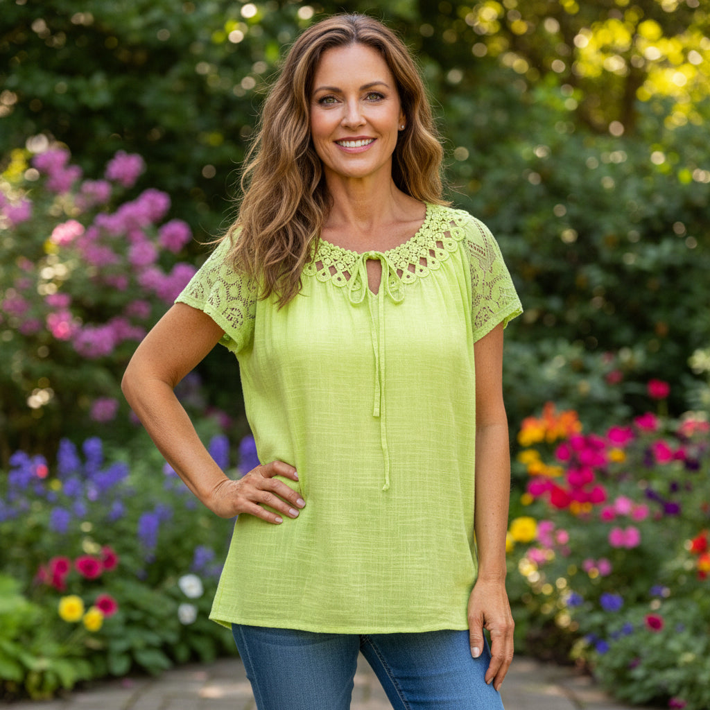 Frankie Lime Green Cotton Crochet Neck Lace Sleeve Tie Top - Sugarplum Boutique