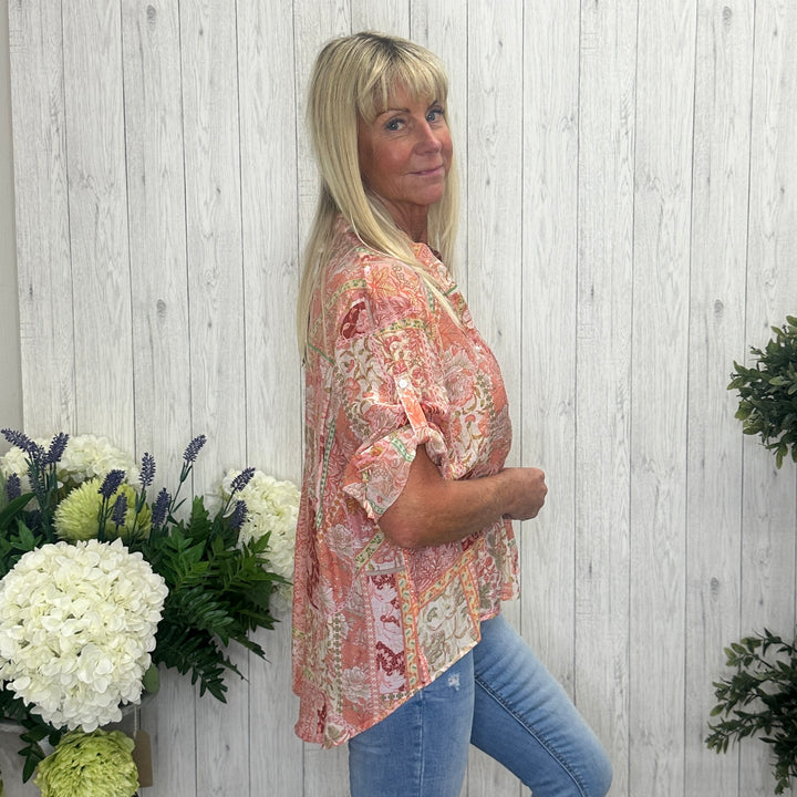 Franky Patterned High Low Shirt Top Coral - Sugarplum Boutique