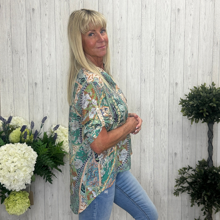 Franky Patterned High Low Shirt Top Green - Sugarplum Boutique