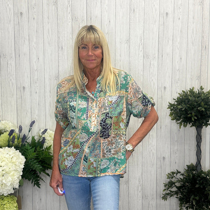 Franky Patterned High Low Shirt Top Green - Sugarplum Boutique
