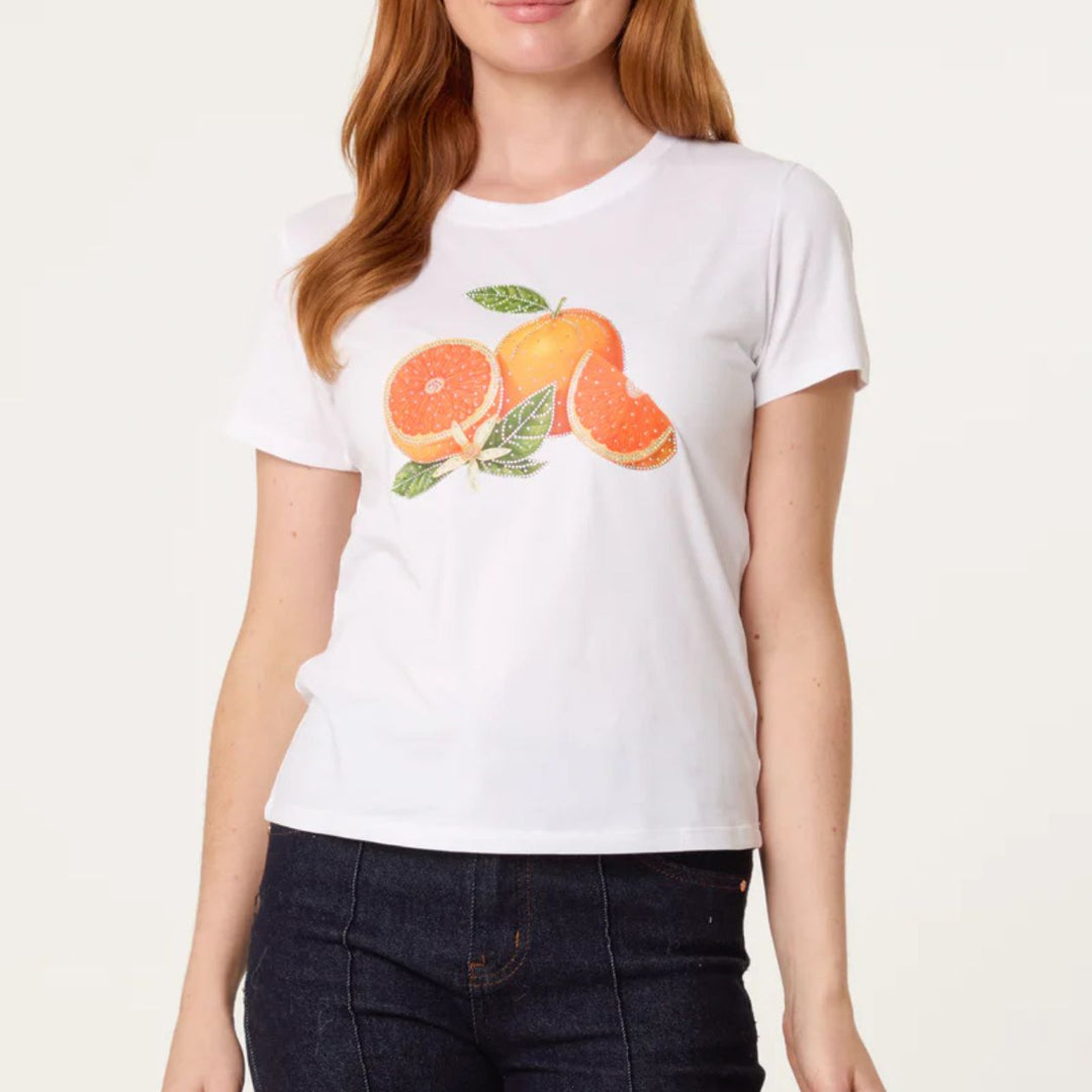 Fruity Orange Embellished White Cotton T-Shirt - Sugarplum Boutique