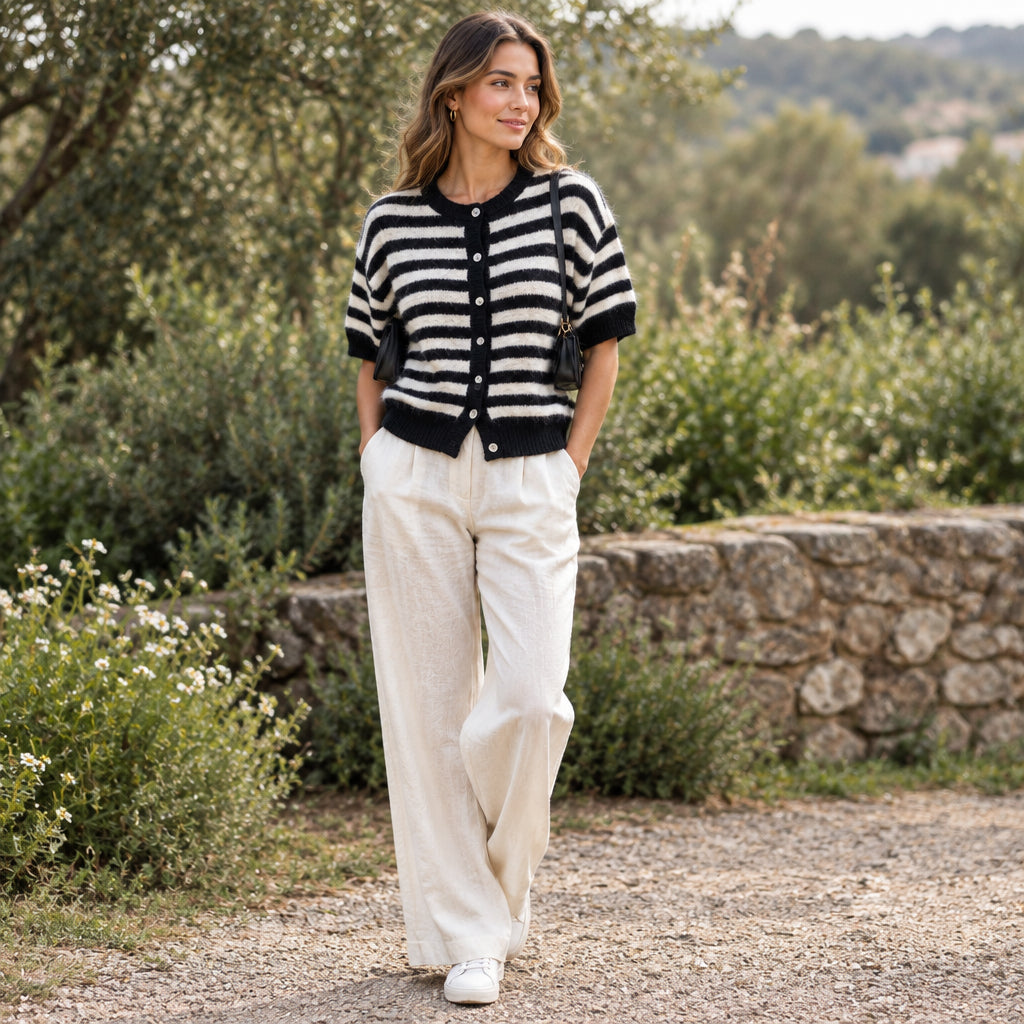 Fulham Striped Black Short Sleeve Cosy Cardigan - Sugarplum Boutique