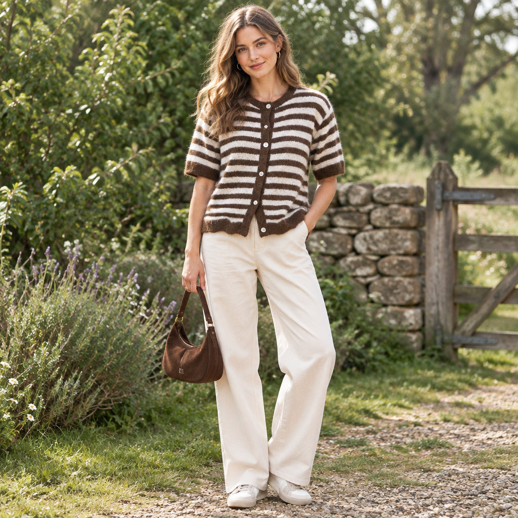 Fulham Striped Chocolate Brown Short Sleeve Cosy Cardigan - Sugarplum Boutique