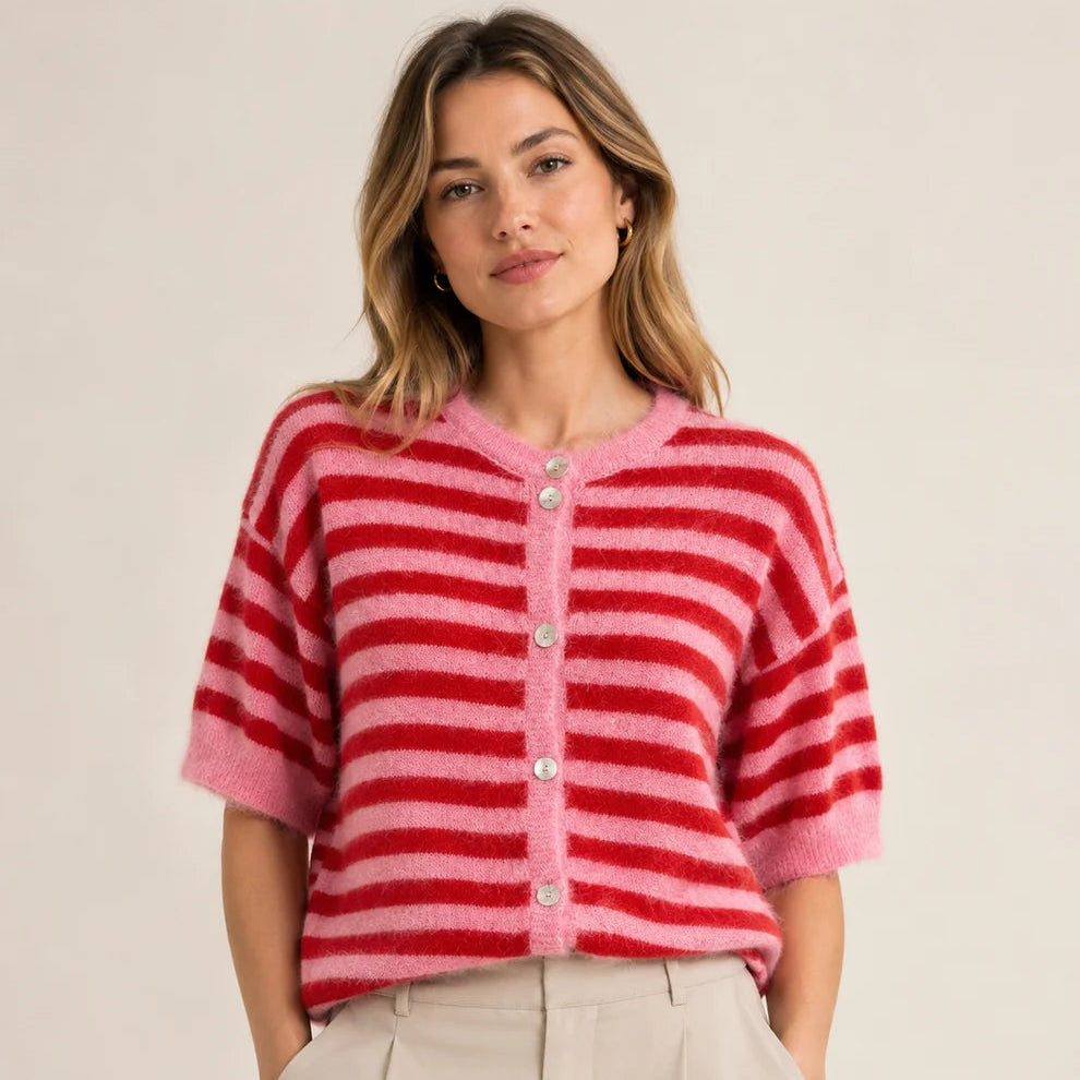 Fulham Striped Pink Short Sleeve Cosy Cardigan - Sugarplum Boutique
