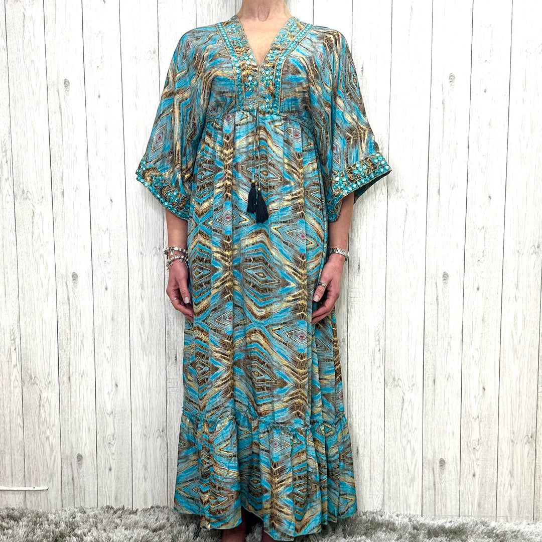 Luisa Boho Maxi Dress Turquoise Mocha - Sugarplum Boutique