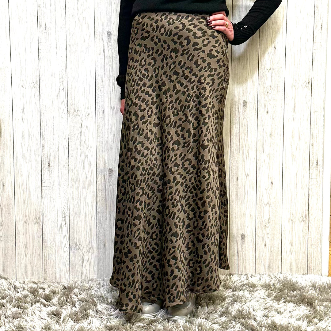 London Leopard Silk Skirt Mocha - Sugarplum Boutique