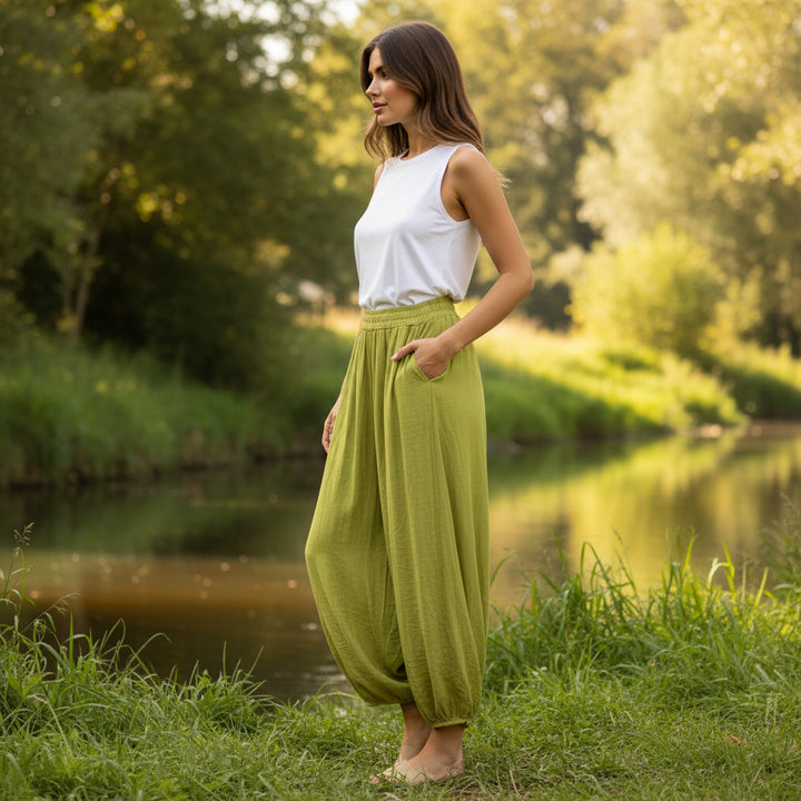 Made In Italy Hannah Lime Green Wide Harem Trousers
