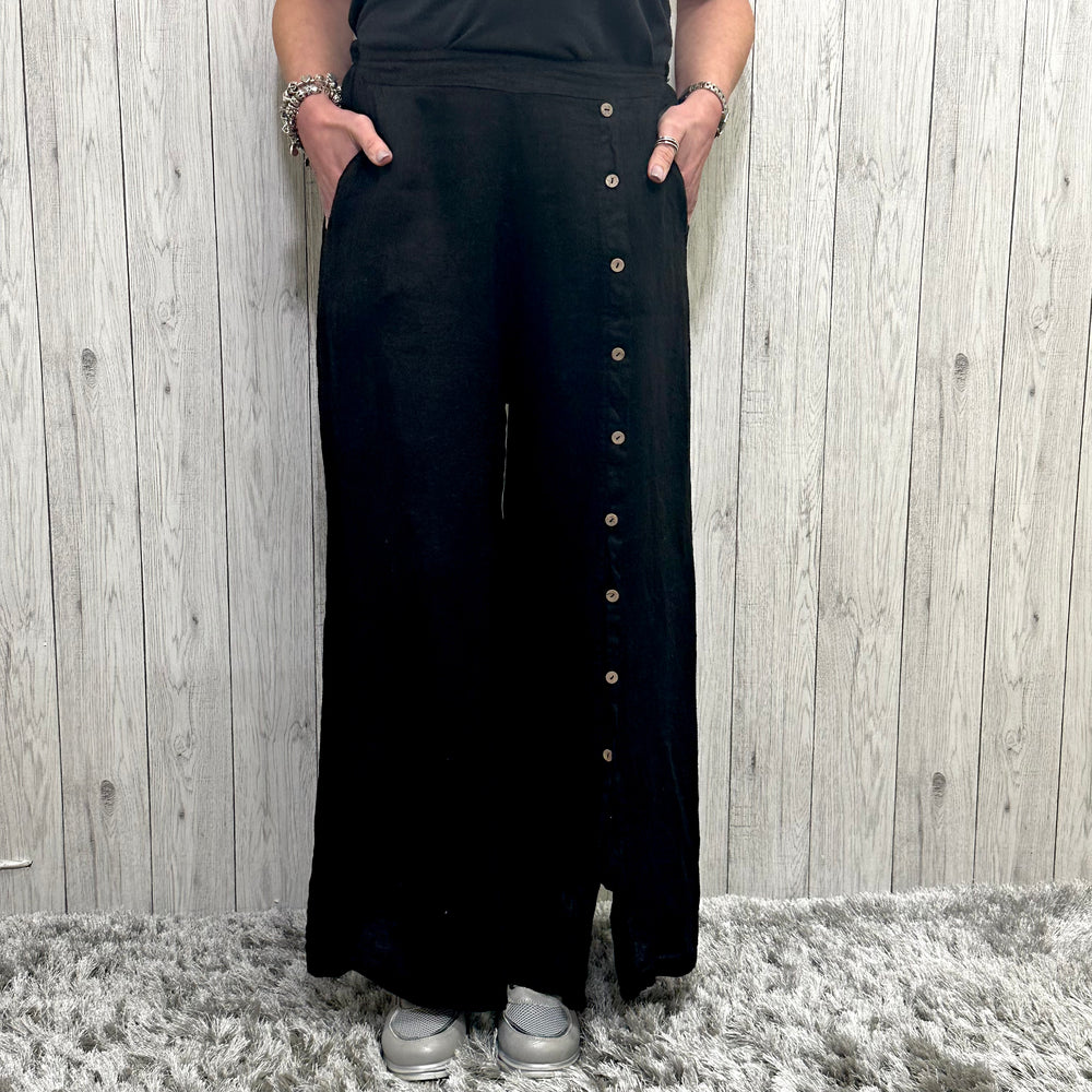 Brianna Button Wide Leg Linen Trousers Black - Sugarplum Boutique