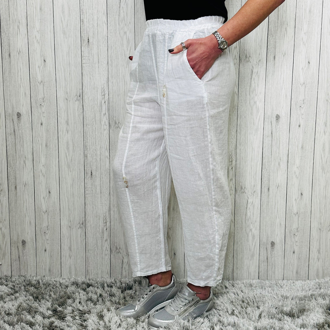Bobbi Button Linen Trouser White - Sugarplum Boutique