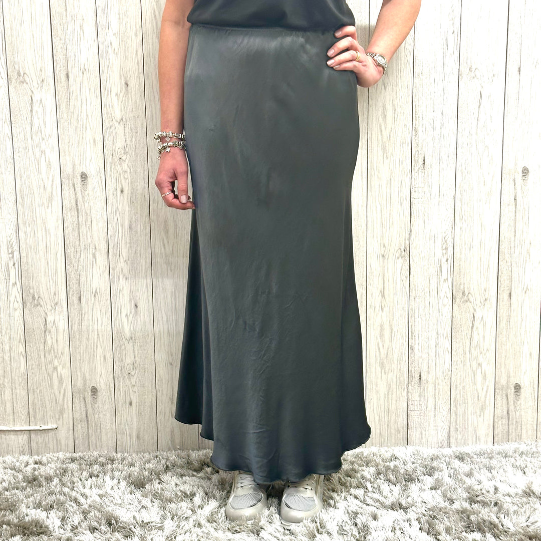 Susie Satin Look Skirt Charcoal - Sugarplum Boutique