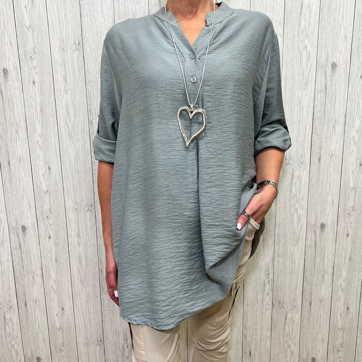 Gaby Linen Mix Grandad Shirt Grey - Sugarplum Boutique