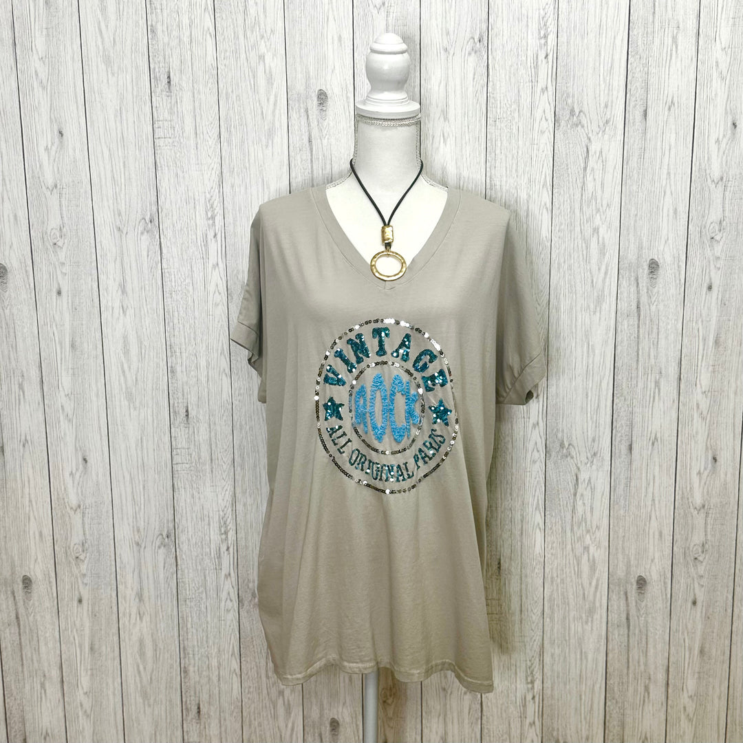 Vintage Sequin Cotton T-Shirt Mocha - Sugarplum Boutique