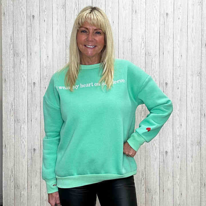 Helen Heart Cotton Sweatshirt Jade green - Sugarplum Boutique