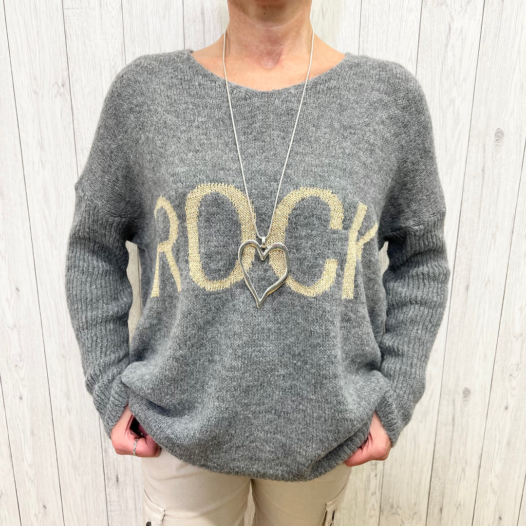 Rock V Neck Jumper Grey - Sugarplum Boutique