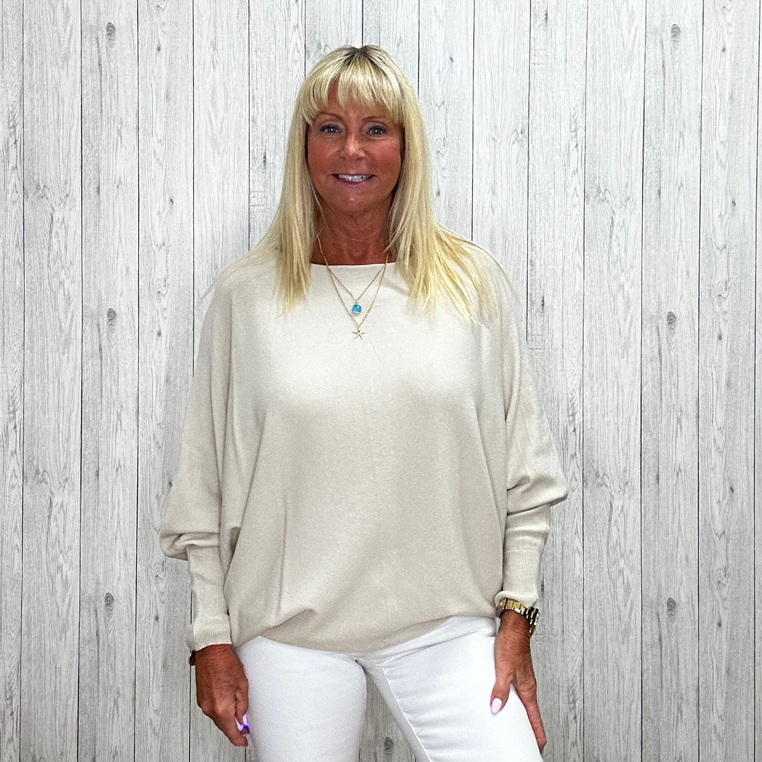 Polly Pearl Back Jumper  Stone - Sugarplum Boutique