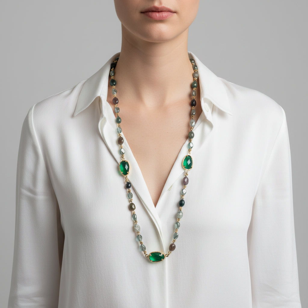 Gables Semi Precious Stone Long Necklace Emerald Green - Sugarplum Boutique