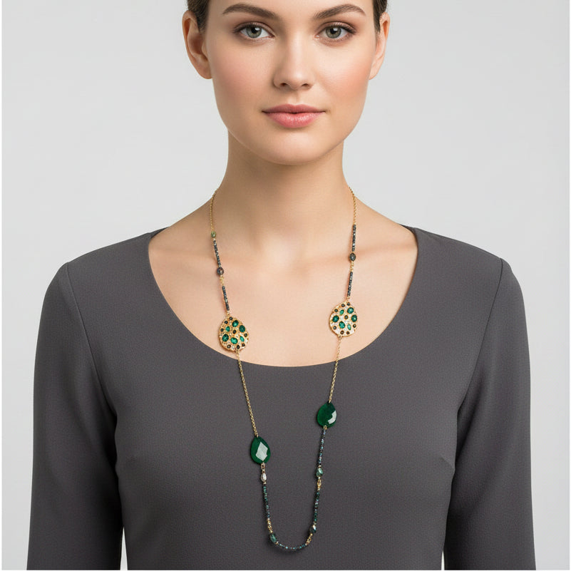 Gail Green Bead Gold Long Necklace - Sugarplum Boutique
