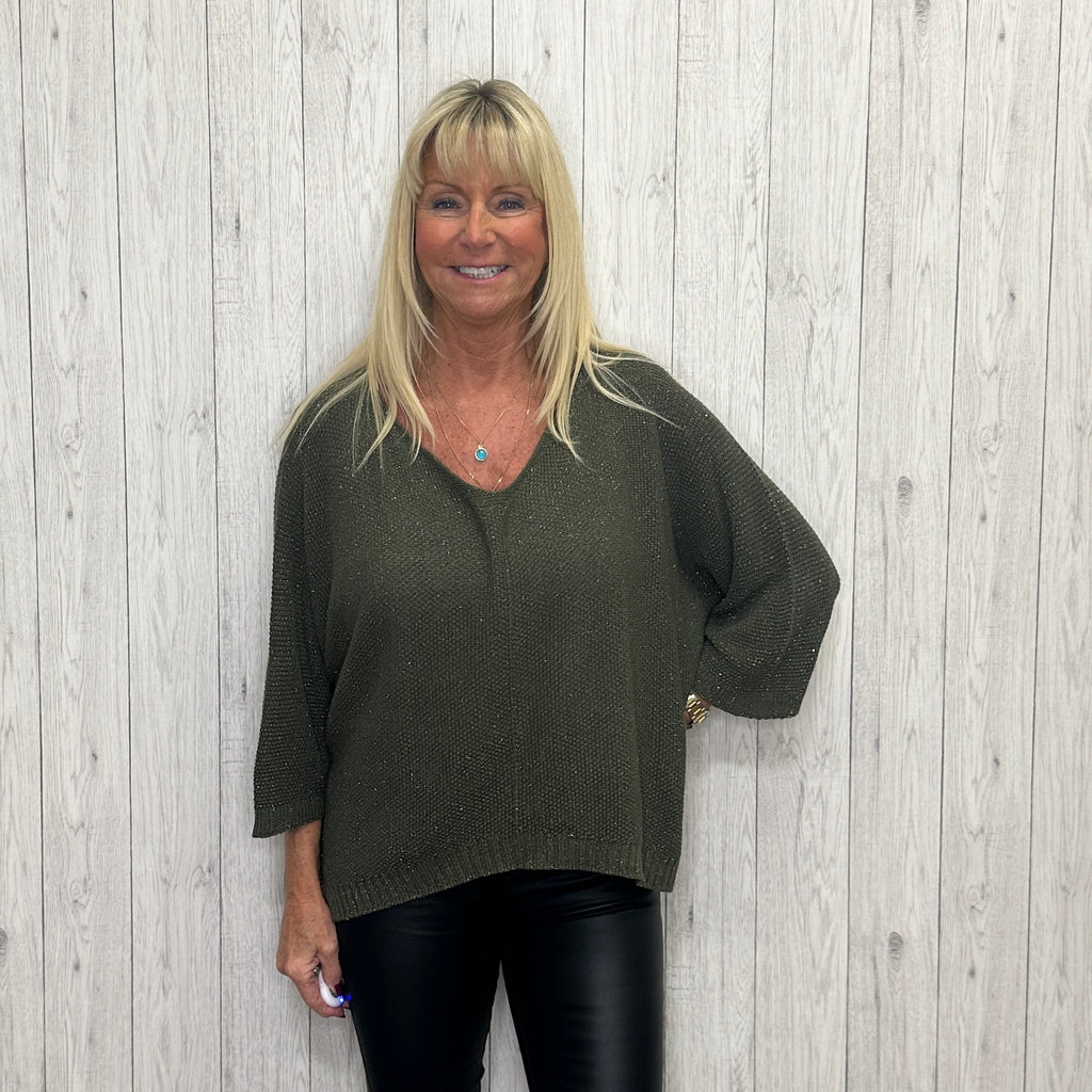 Georgia Glitter Batwing Sleeve Jumper Khaki Green