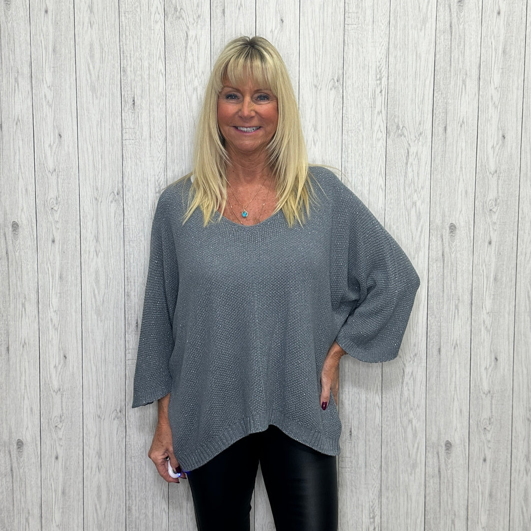 Georgia Glitter Batwing Sleeve Jumper Mid Grey – Sugarplum