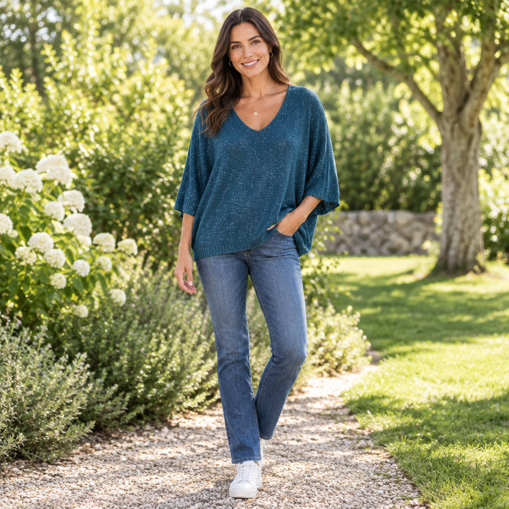 Georgia Glitter Teal Green Batwing Sleeve Jumper- Sugarplum Boutique