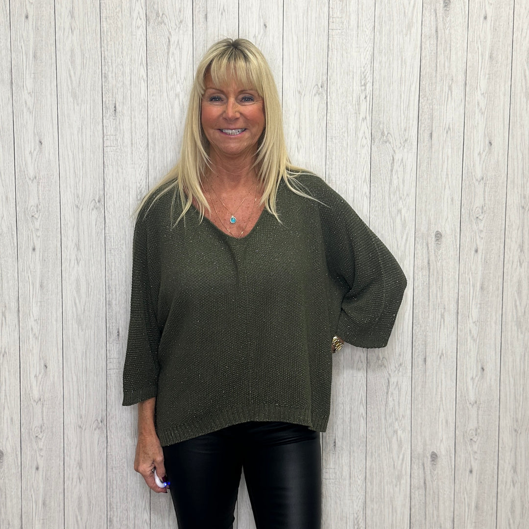 Georgia Khaki Green Glitter Batwing Sleeve Jumper  - Sugarplum Boutique