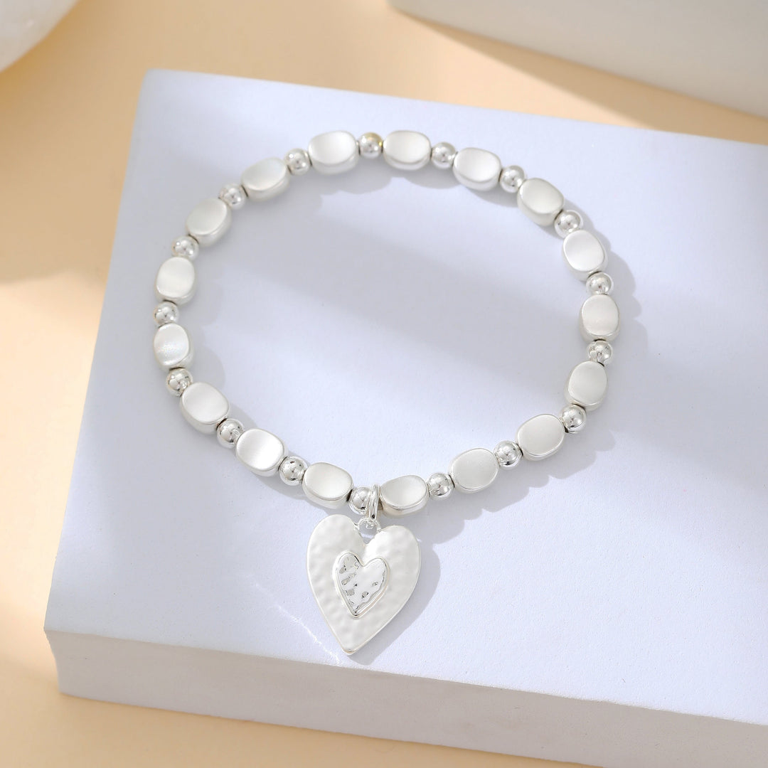 Georgina Silver Beaded Double Heart Stretch Bracelet - Sugarplum Boutique