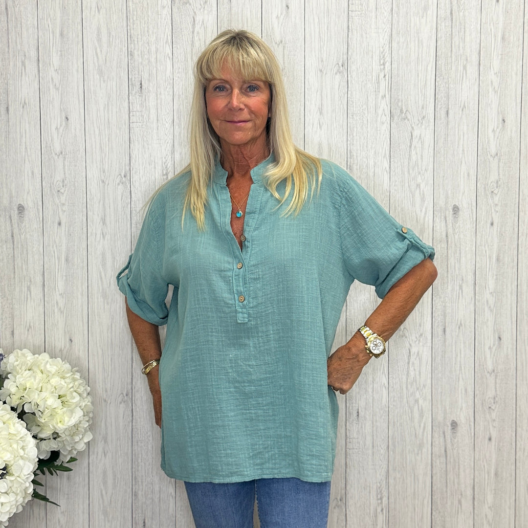 Gerry Grandad Collar Cotton Shirt Sage Green - Sugarplum Boutique