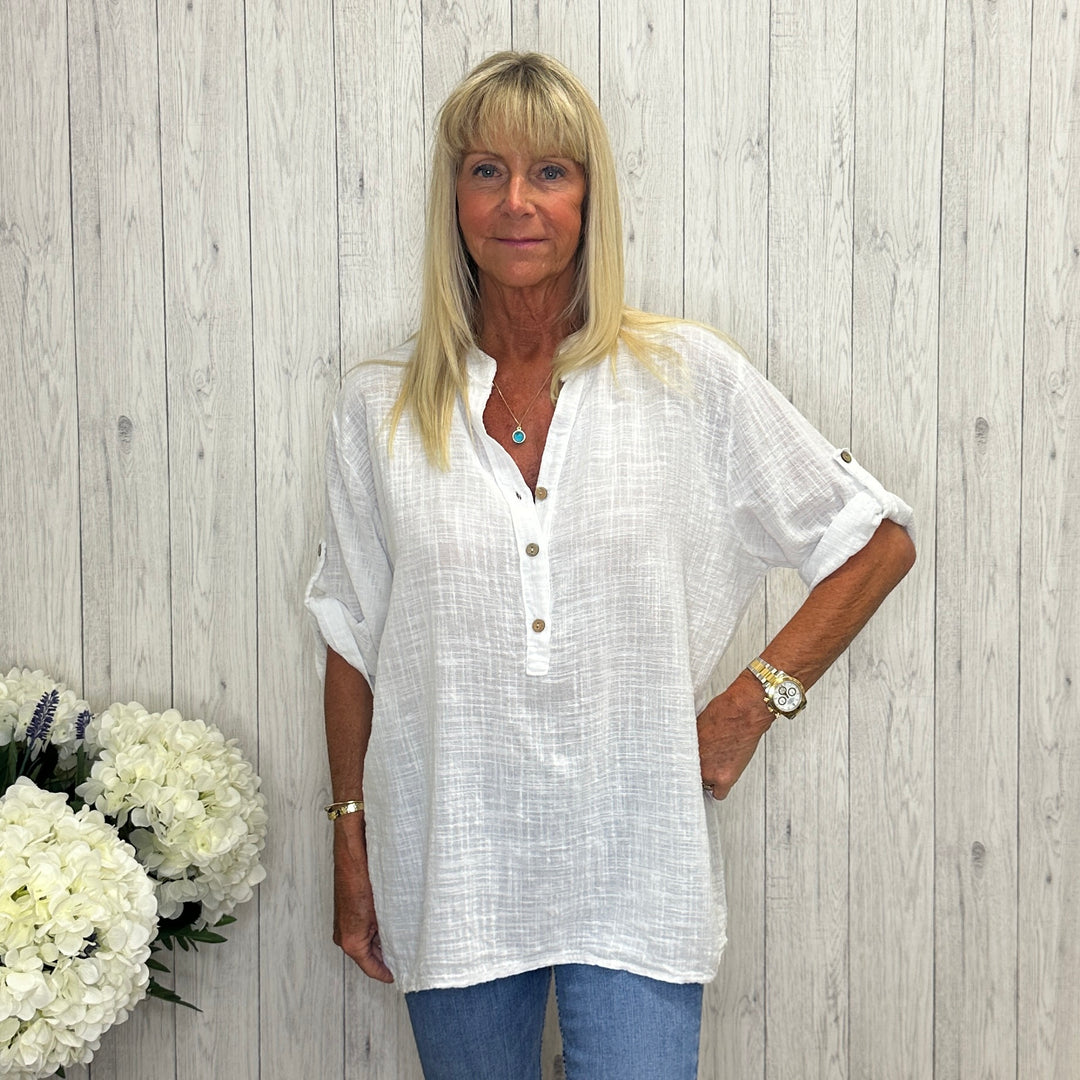 Gerry Grandad Collar Cotton Shirt White - Sugarplum Boutique