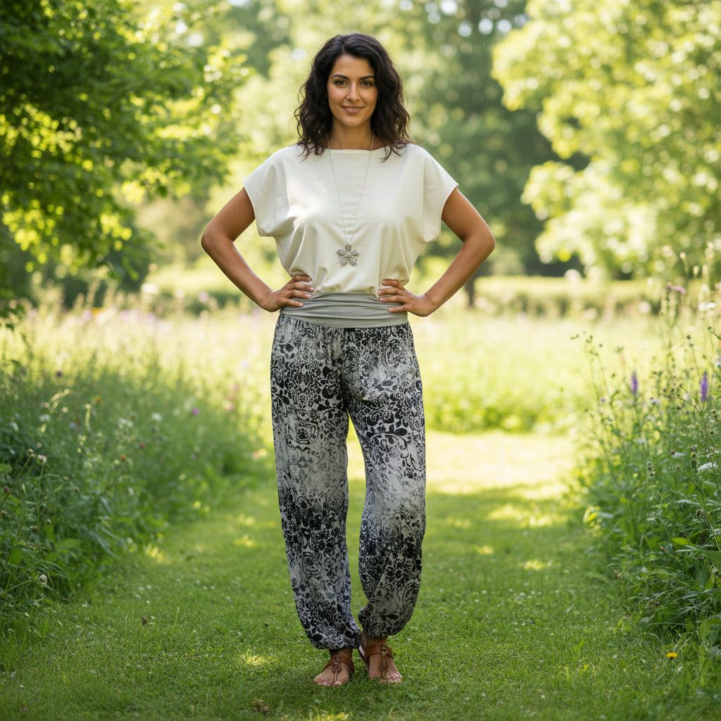 Gilly Faded Flower Print Mocha Brown Harem Trousers - Sugarplum Boutique