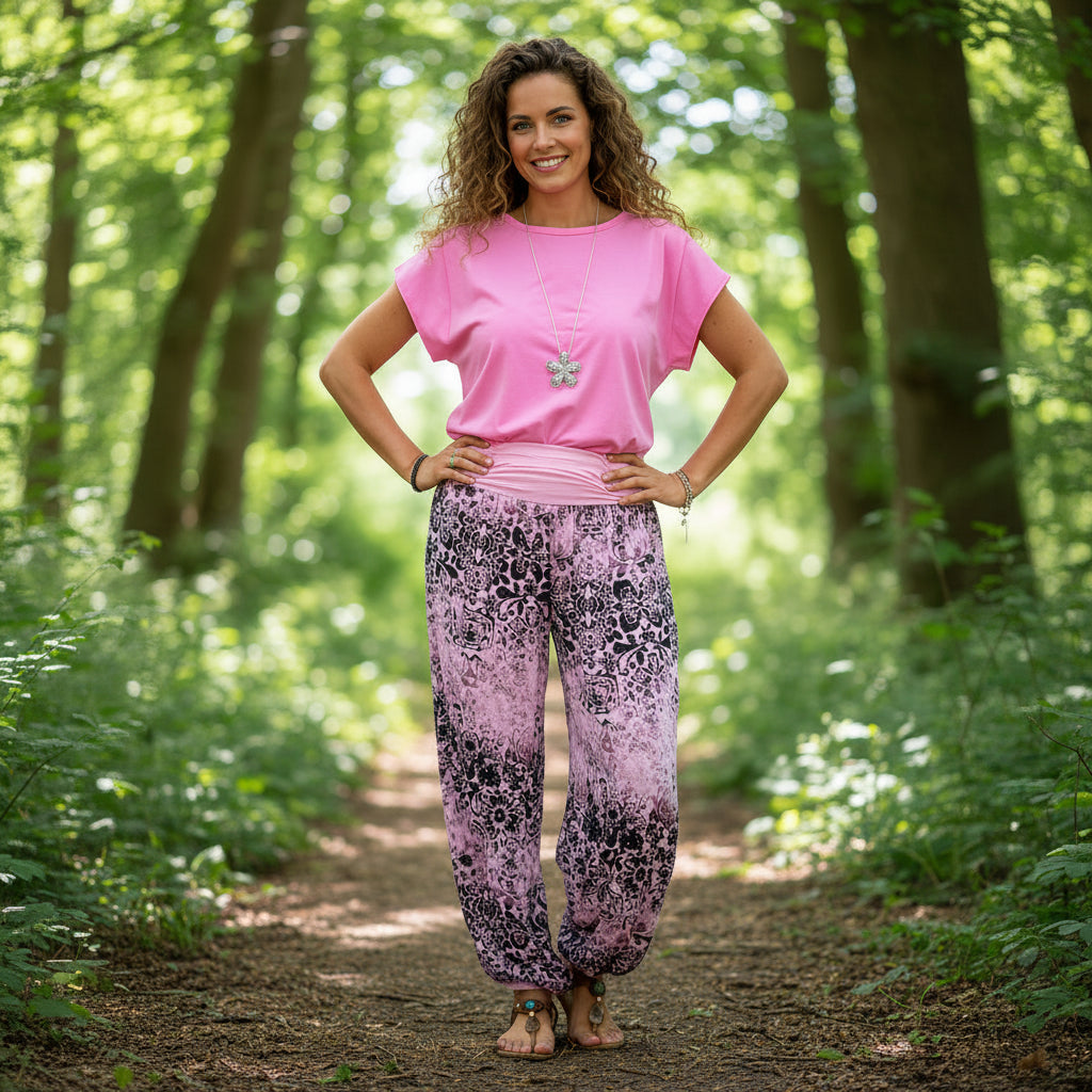 Gilly Faded Flower Print Pink Harem Trousers - Sugarplum Boutique