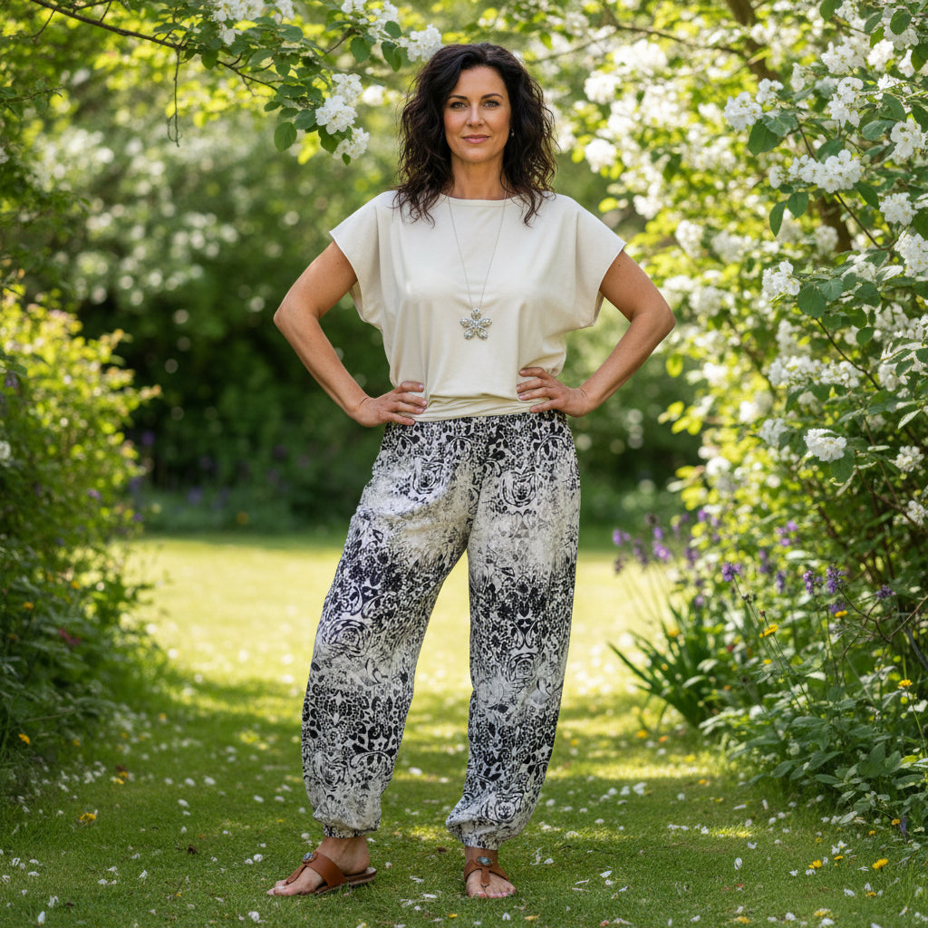 Gilly Faded Flower Print Stone Harem Trousers - Sugarplum Boutique
