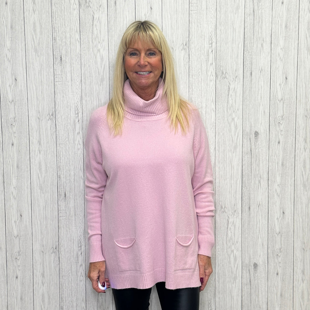 Gina Light Pink Cosy Roll Neck Two Pocket Jumper - Sugarplum Boutique