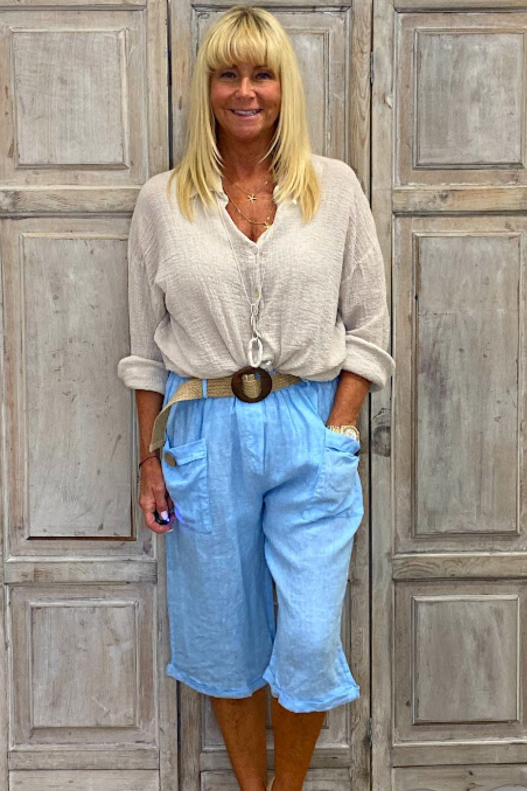 Gina Linen Shorts Light Blue - Sugarplum Boutique