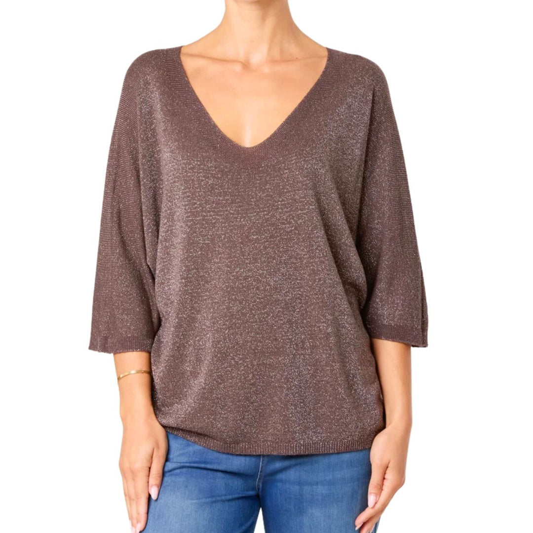 Ginny Glitter Chocolate Brown V Neck Jumper - Sugarplum Boutique